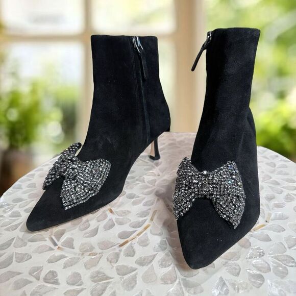 Tory Burch $498 Embellished Crystal Bow Leather Suede Ankle Booties Boots Shoes - Picture 4 of 15